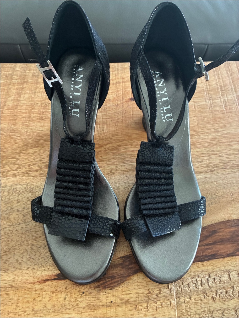 Anyi Lu Black Pleated T-Strap Heels